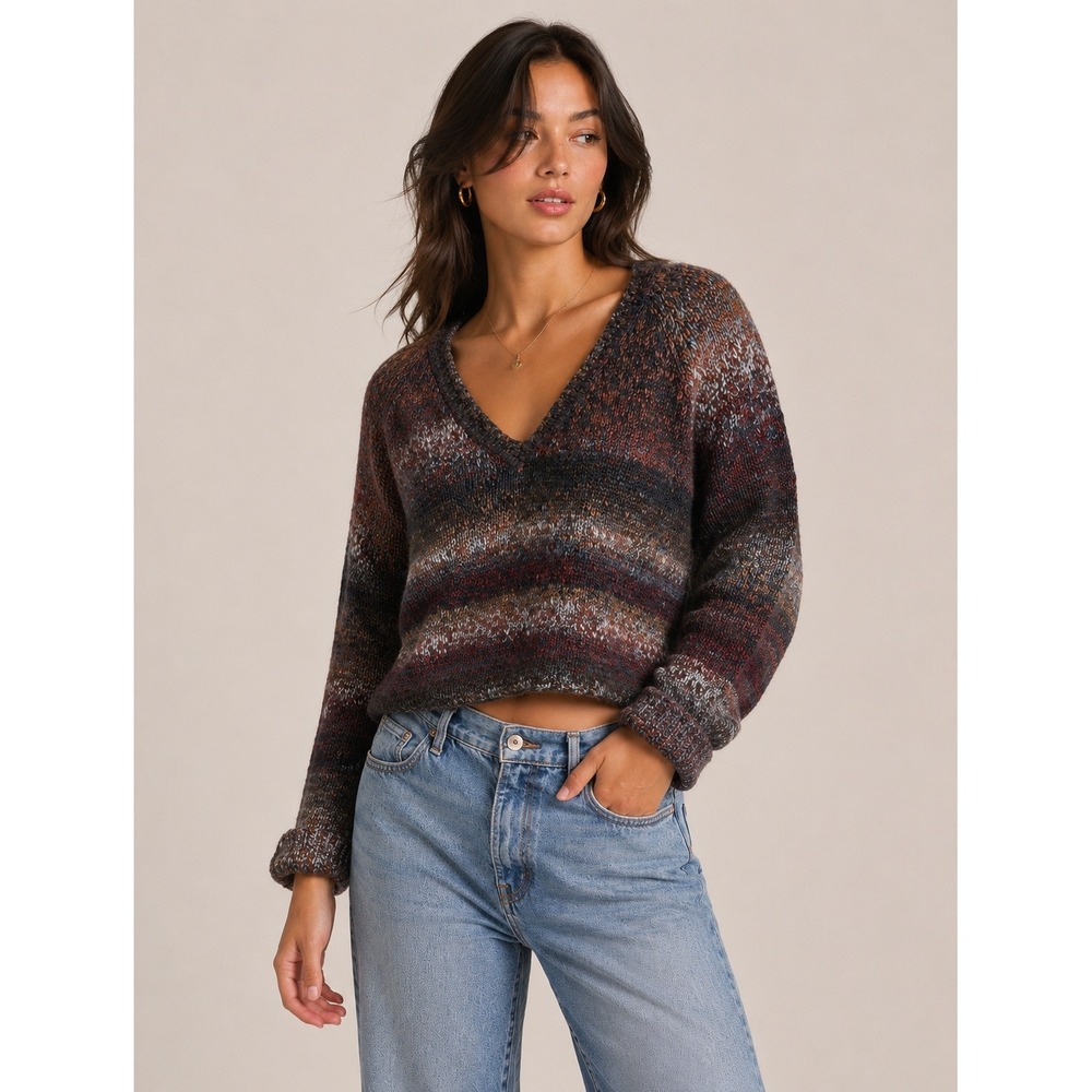 Splendid V-Neck Sweater Womens Small Dark Chunky Knit‎ Wool Blend Cropped Cozy